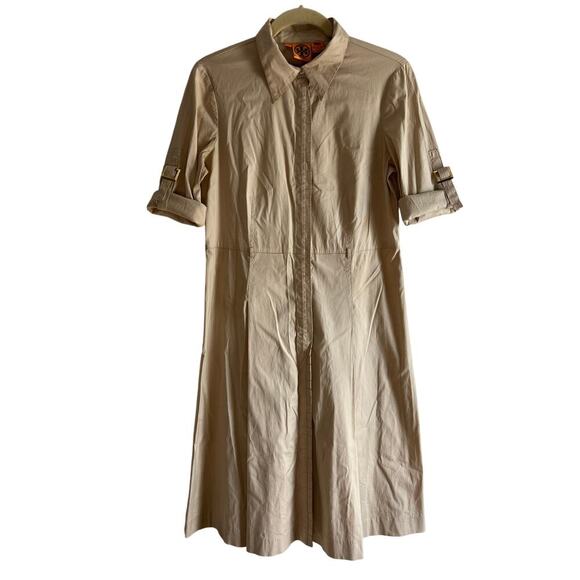 Tory Burch Khaki Tan Short Sleeve Button Down Dress Sz 6 - Picture 1 of 5